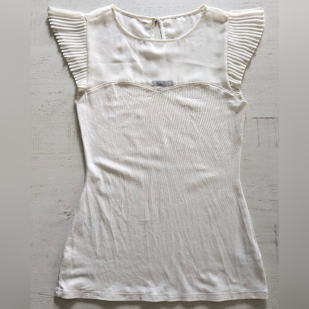 Express Ivory Pleated Flutter Short Sleeve Fitted Knit Top XS